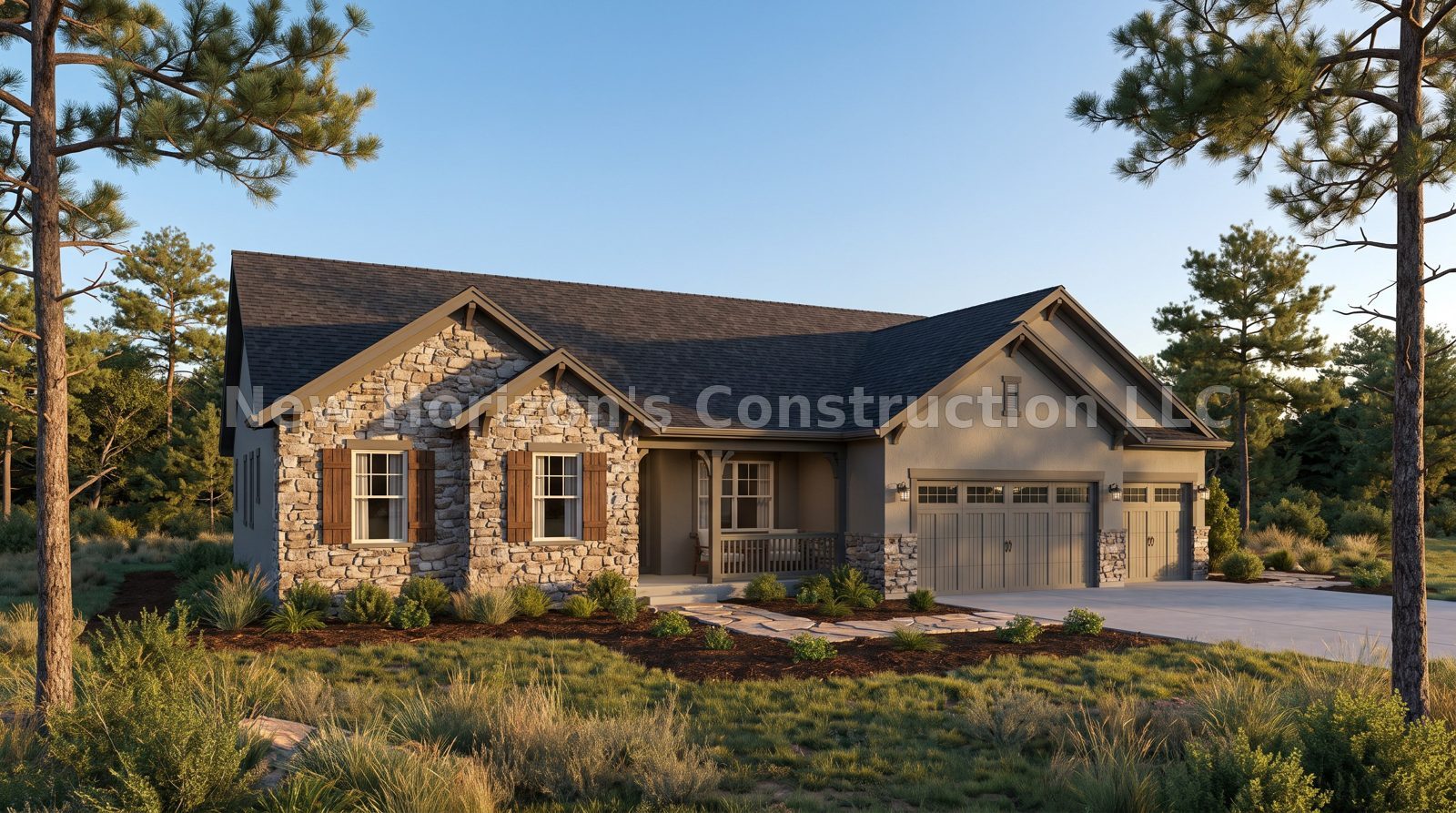 Concept rendering of the Monument Hill Stone Ranch, a traditional home by New Horizons Construction