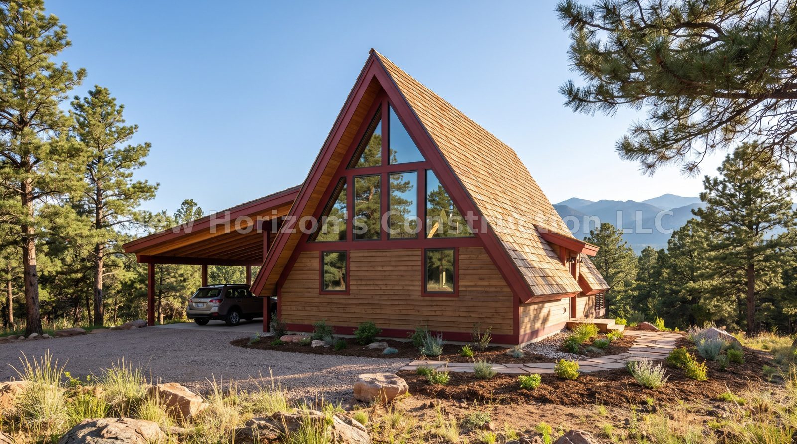 Concept rendering of the Pinon Hills A-Frame Retreat, a a-frame home by New Horizons Construction
