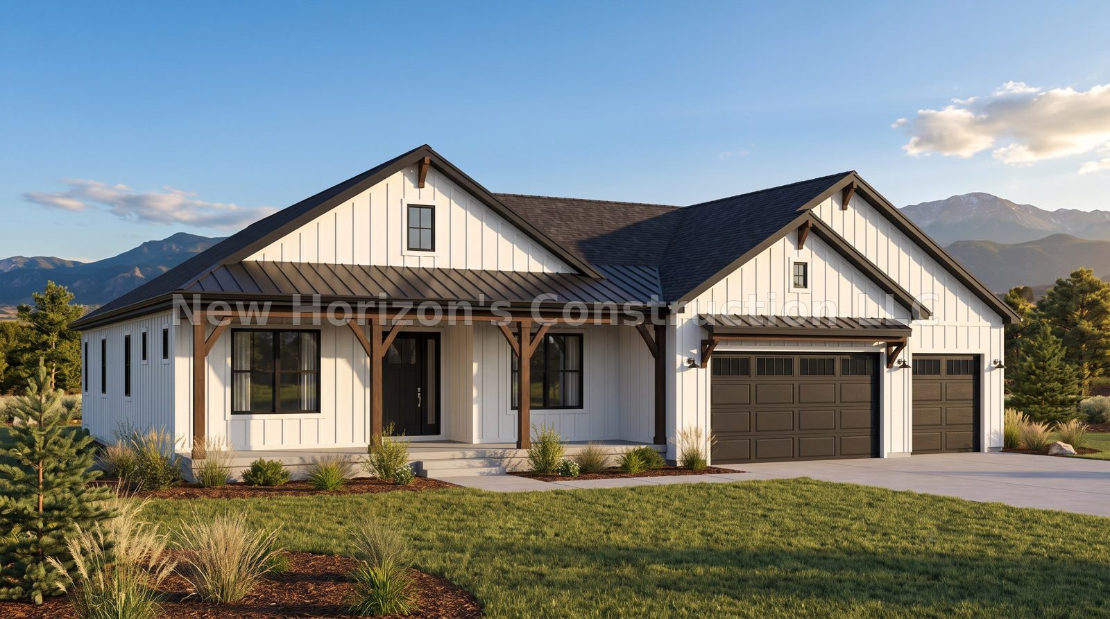 Concept rendering of the Wolf Ranch Tandem Ranch, a modern farmhouse home by New Horizons Construction