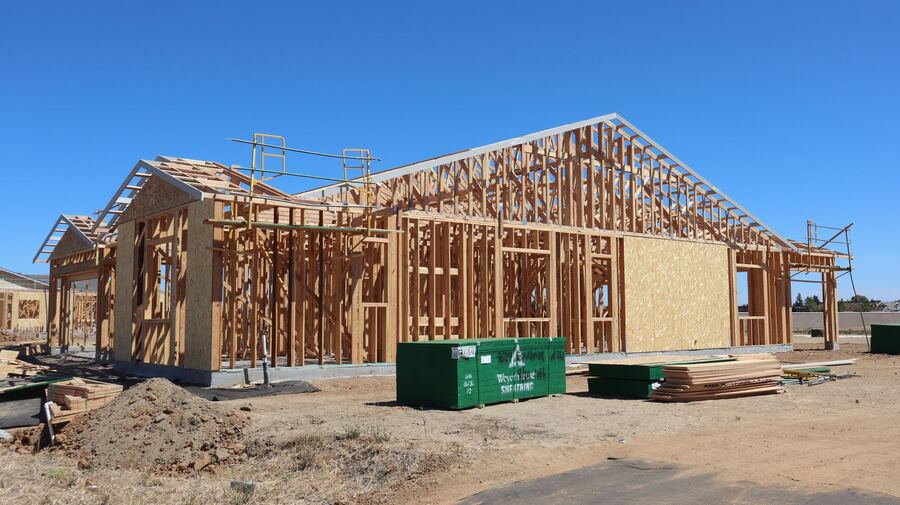 Wood-framed walls on a construction site